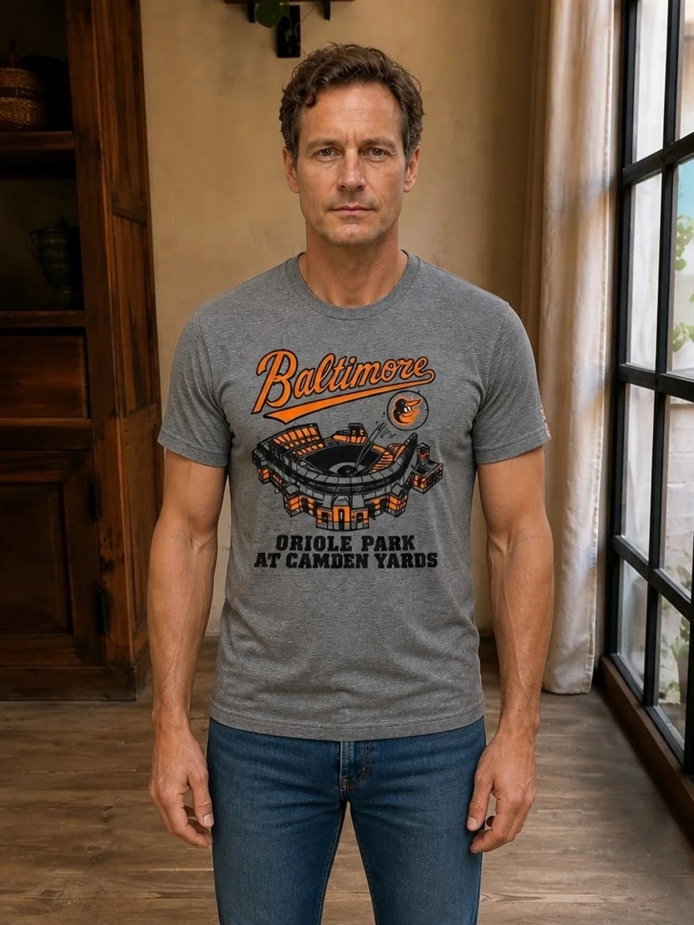 HOMAGE Gray Tee with Orange Baltimore Stadium Graphic Size Small